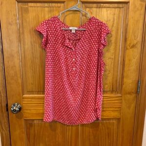 LOFT Red Pink Geometric Ruffle-Sleeve Buttoned Blouse
